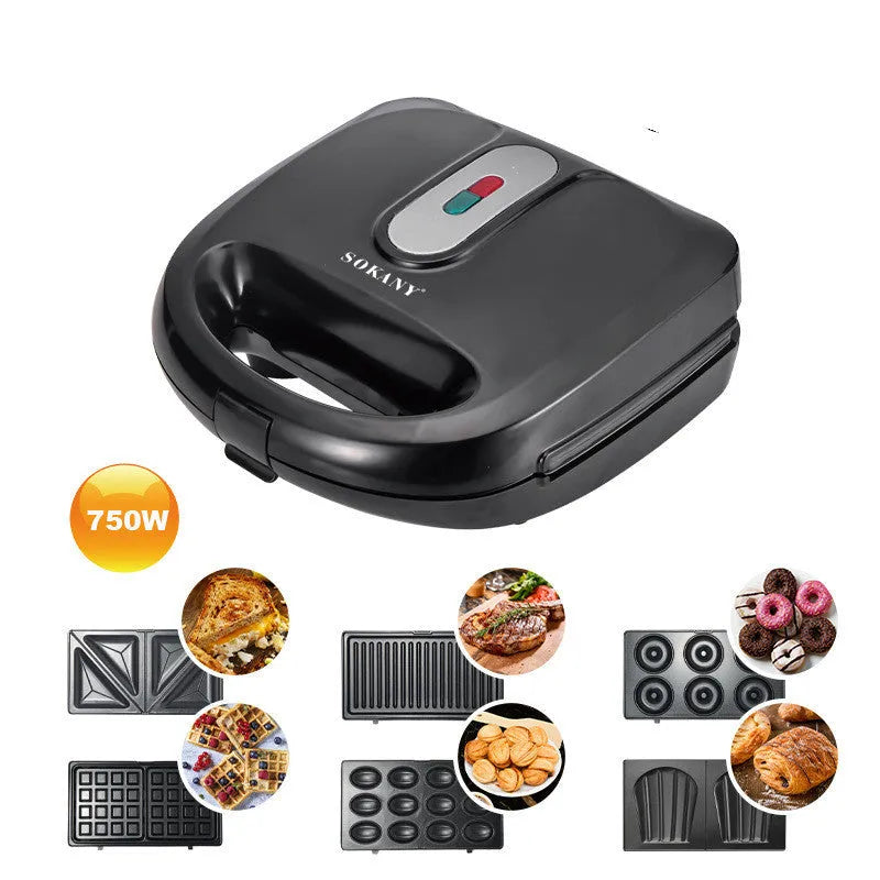 Black double-sided electric sandwich pan with stainless steel lid and six non-stick baking pans.