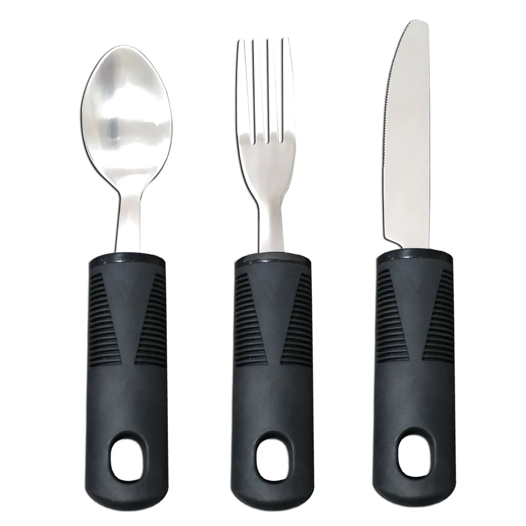 Stainless steel adaptive cutlery with rubber grip handles for elderly eating assistance and motor rehabilitation