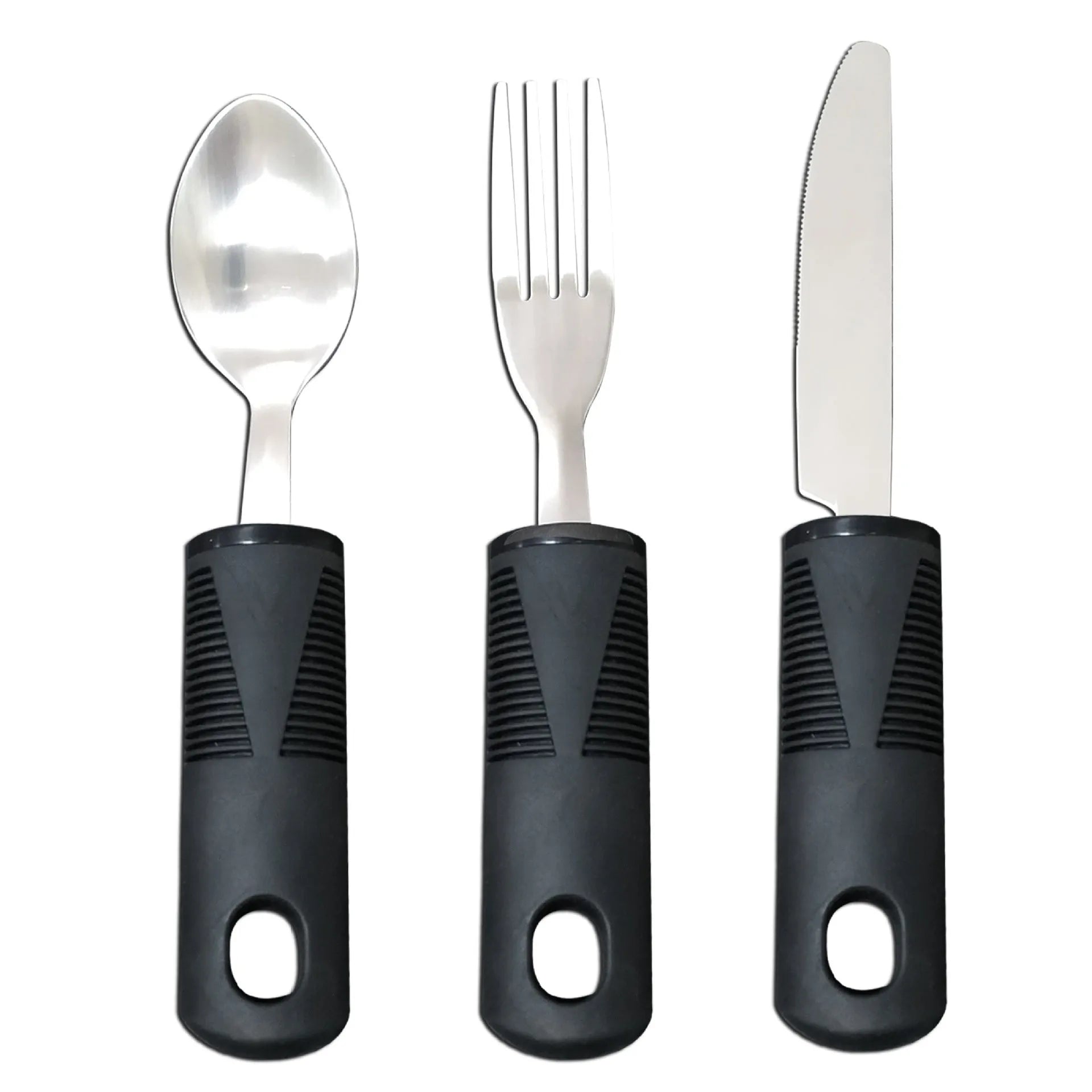 Stainless steel adaptive cutlery with rubber grip handles for elderly eating assistance and motor rehabilitation