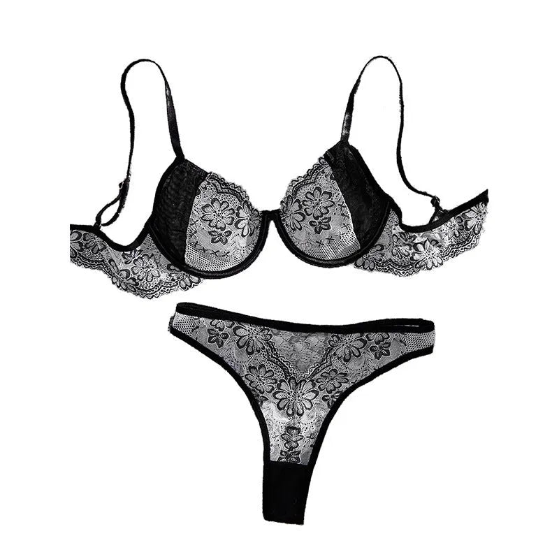 Women's black and white floral embroidered polyester three-point underwear suit set