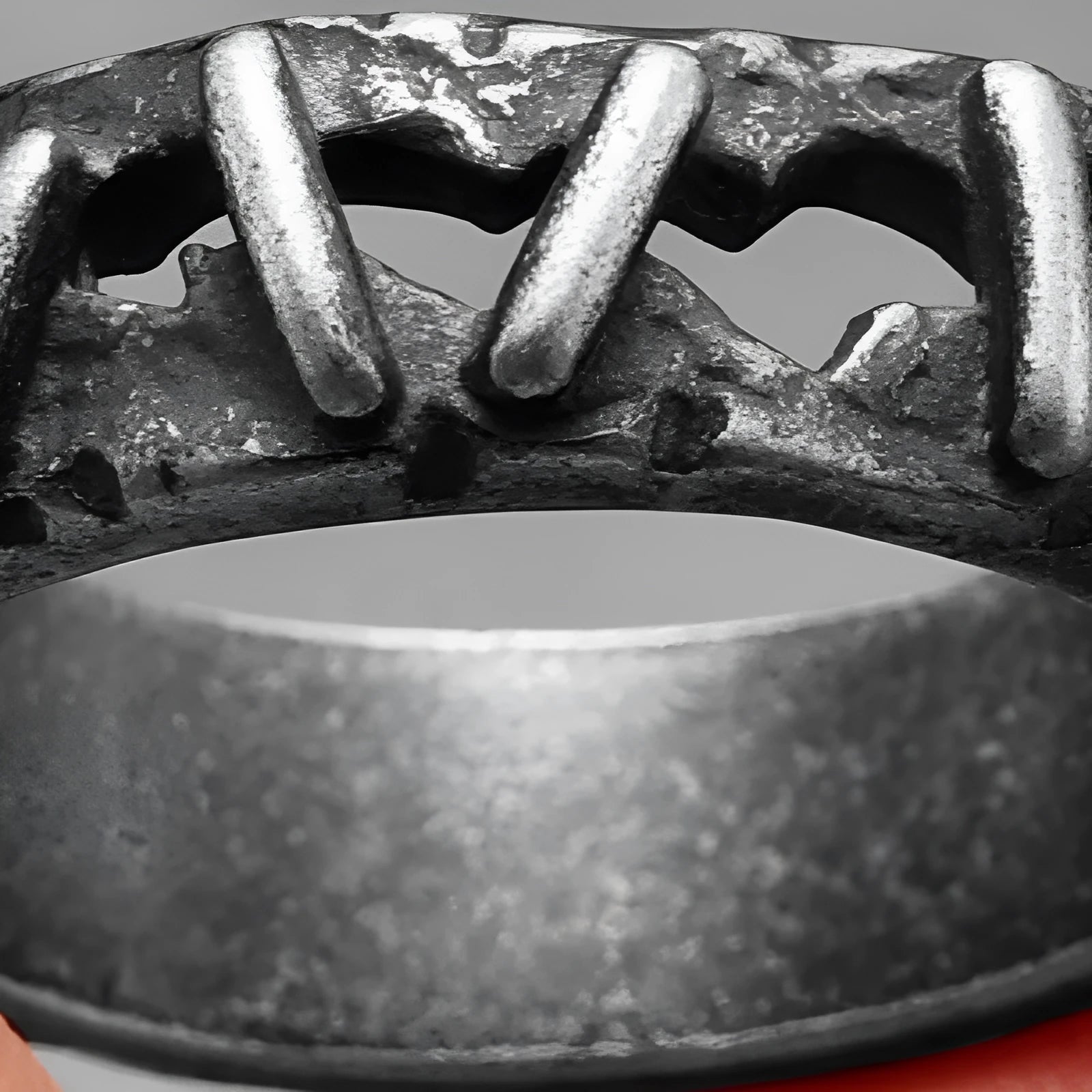 Stainless steel dark punk double ring with stitching texture on a size display.