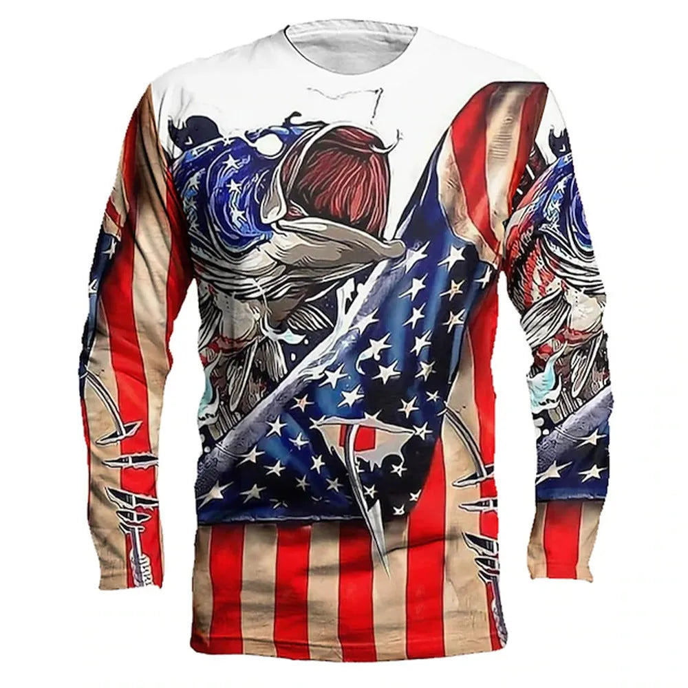 Men's long-sleeved pullover top with a printed fish pattern on a milk silk fabric.