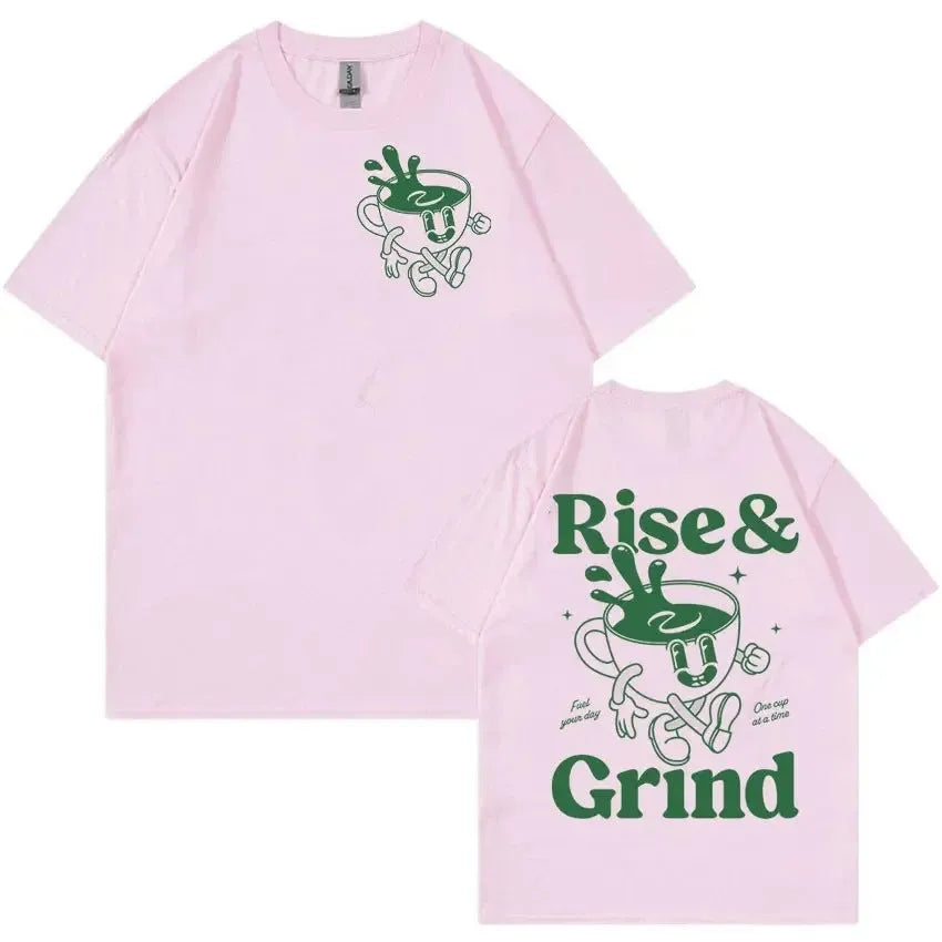 Men's loose fit black t-shirt featuring a green 'Rise and Grind Green Coffee' cartoon graphic print.