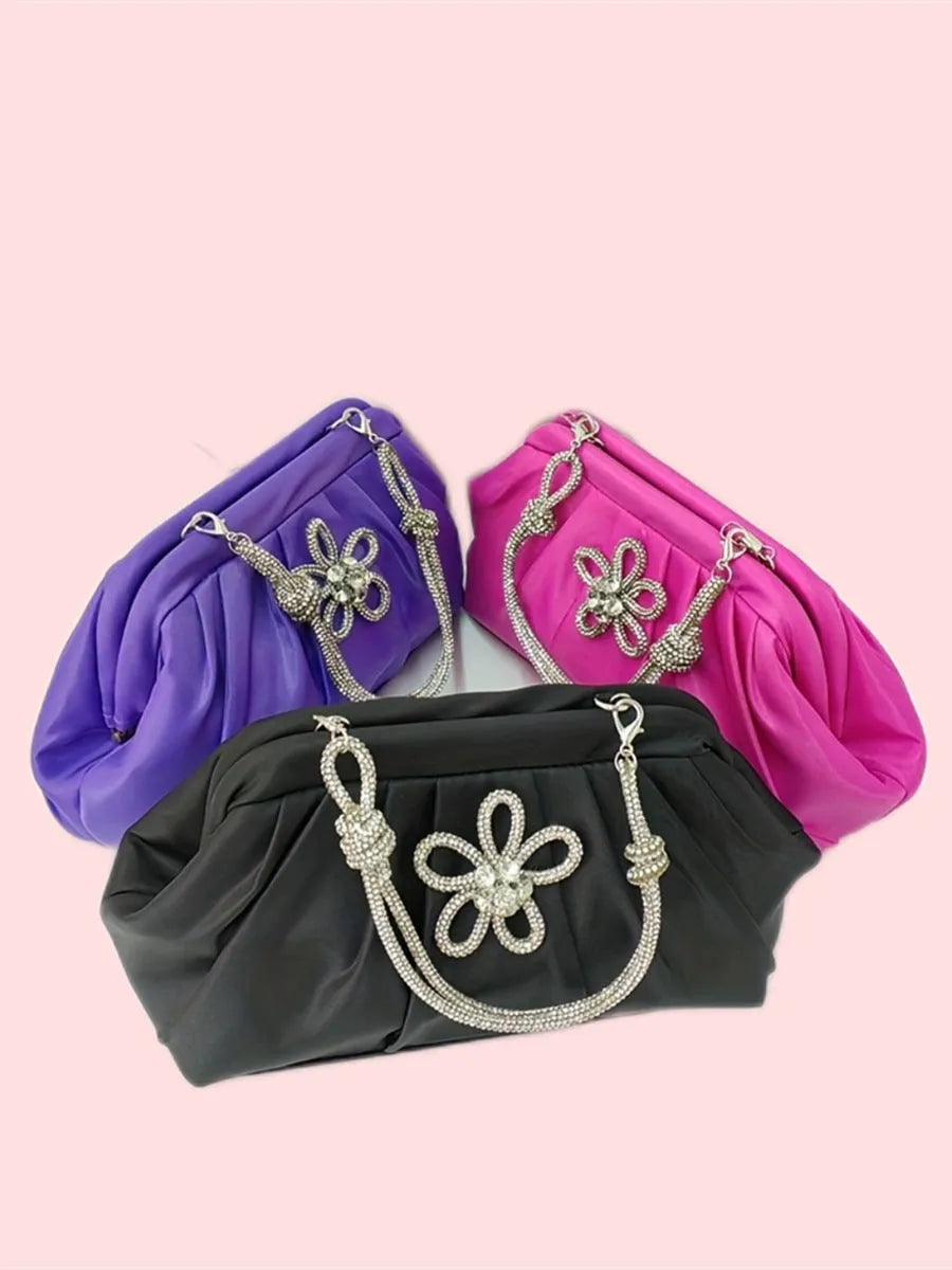 Women's soft polyester large-capacity dinner bag in shell shape with chain accents and diamond patterns.