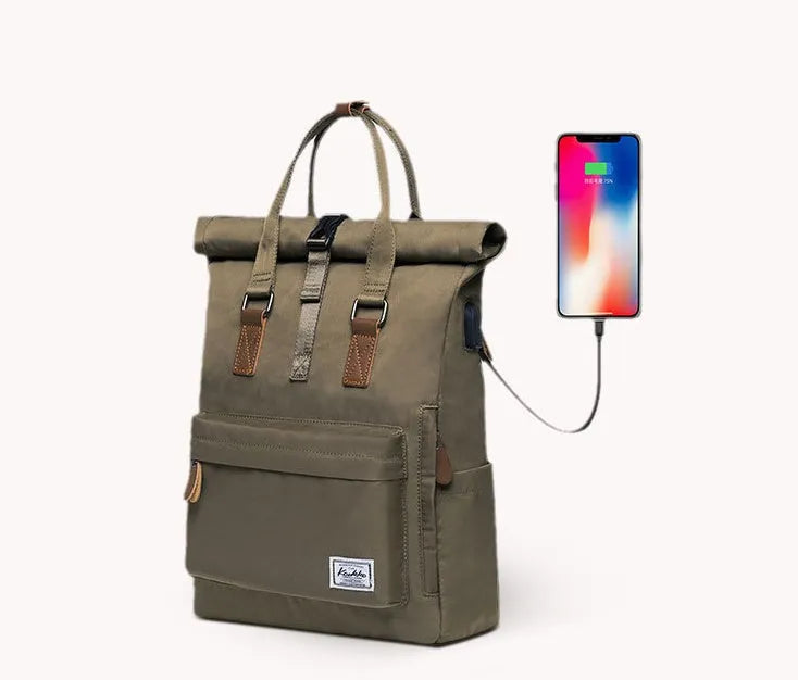 Casual black polyester backpack with cover opening, shown with laptop pocket and zipper compartment.