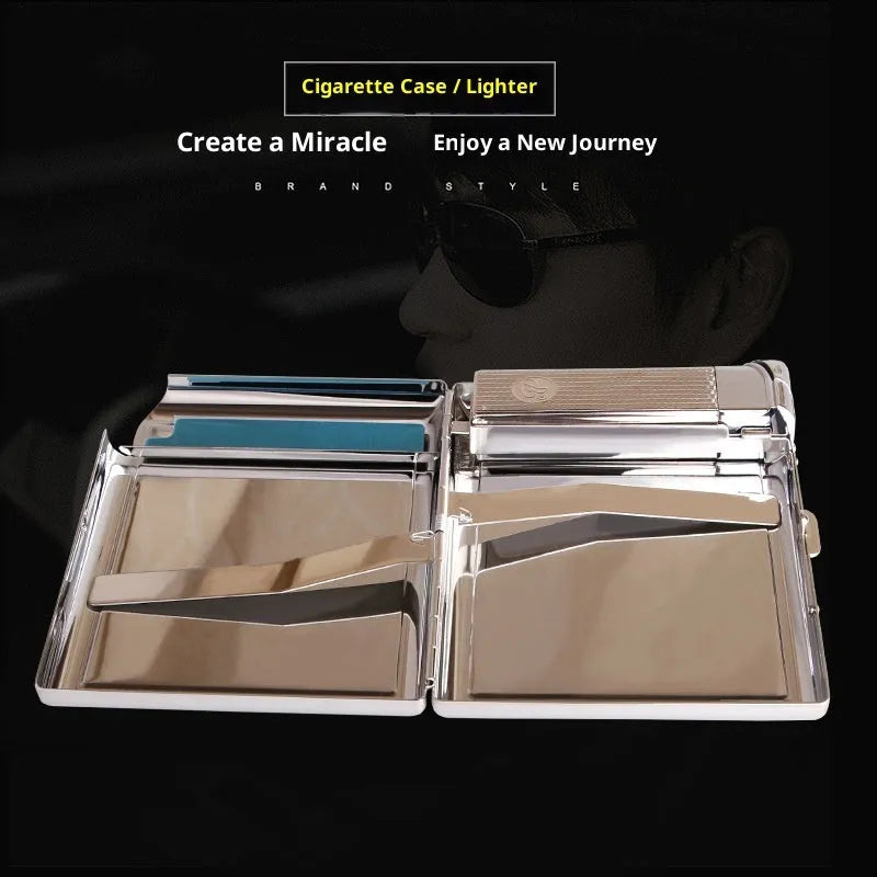 Metal cigarette case with windproof lighter in modern simplicity style, model DH-8923, with leather-like finish.