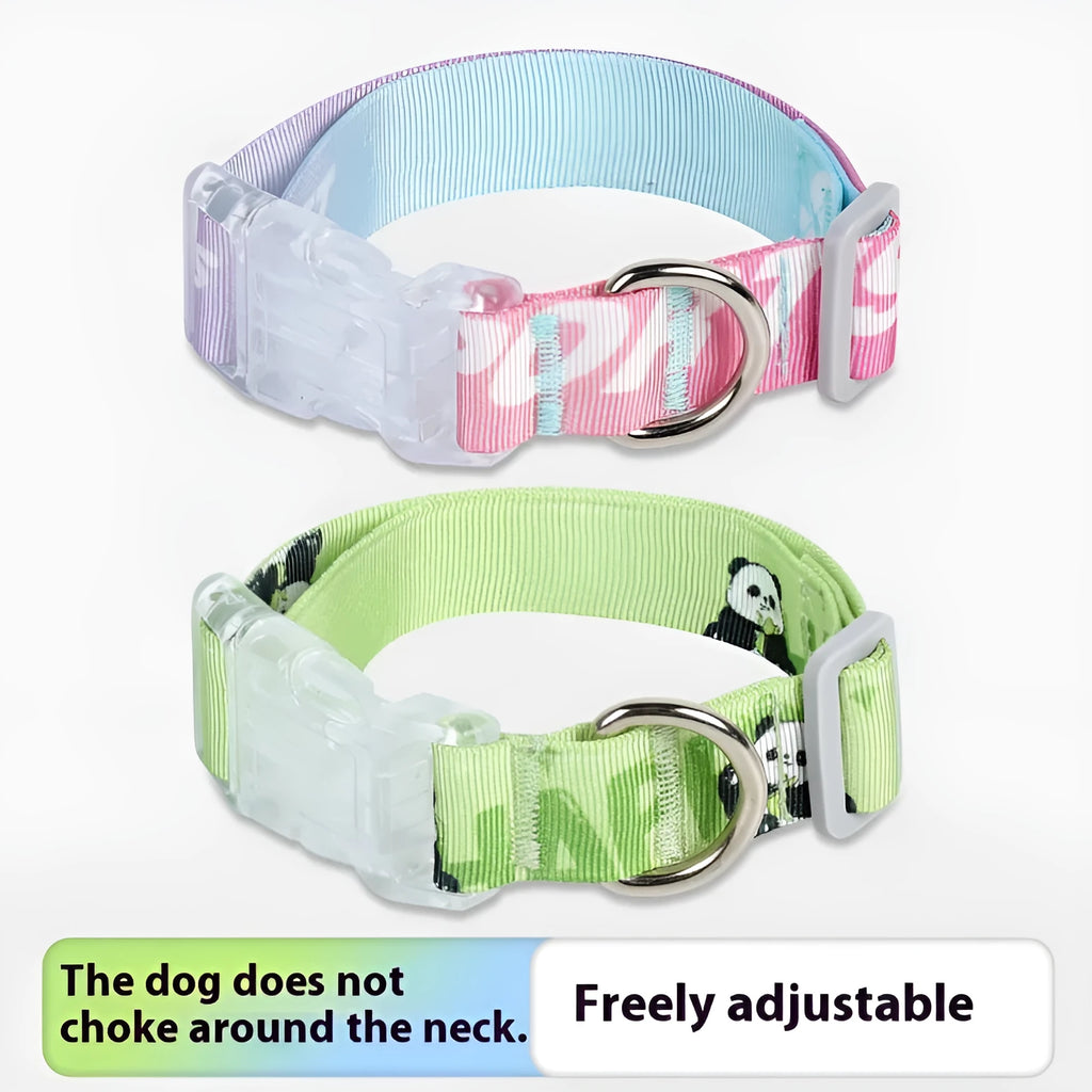 Adjustable nylon dog collar with a colourful cartoon gradient print, shown with a buckle.