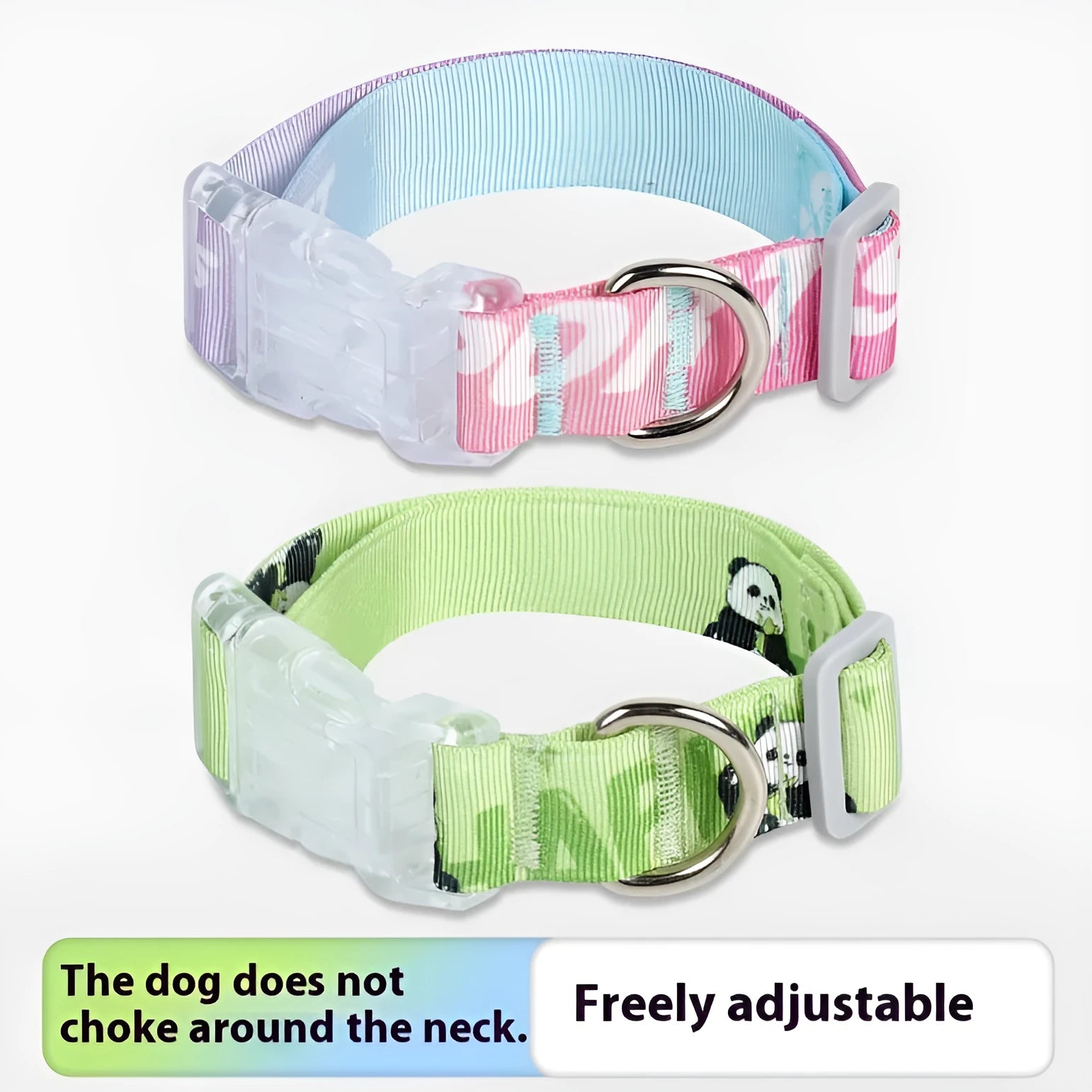 Adjustable nylon dog collar with cartoon gradient print in gradient colour and panda green options for small, medium, large dogs.