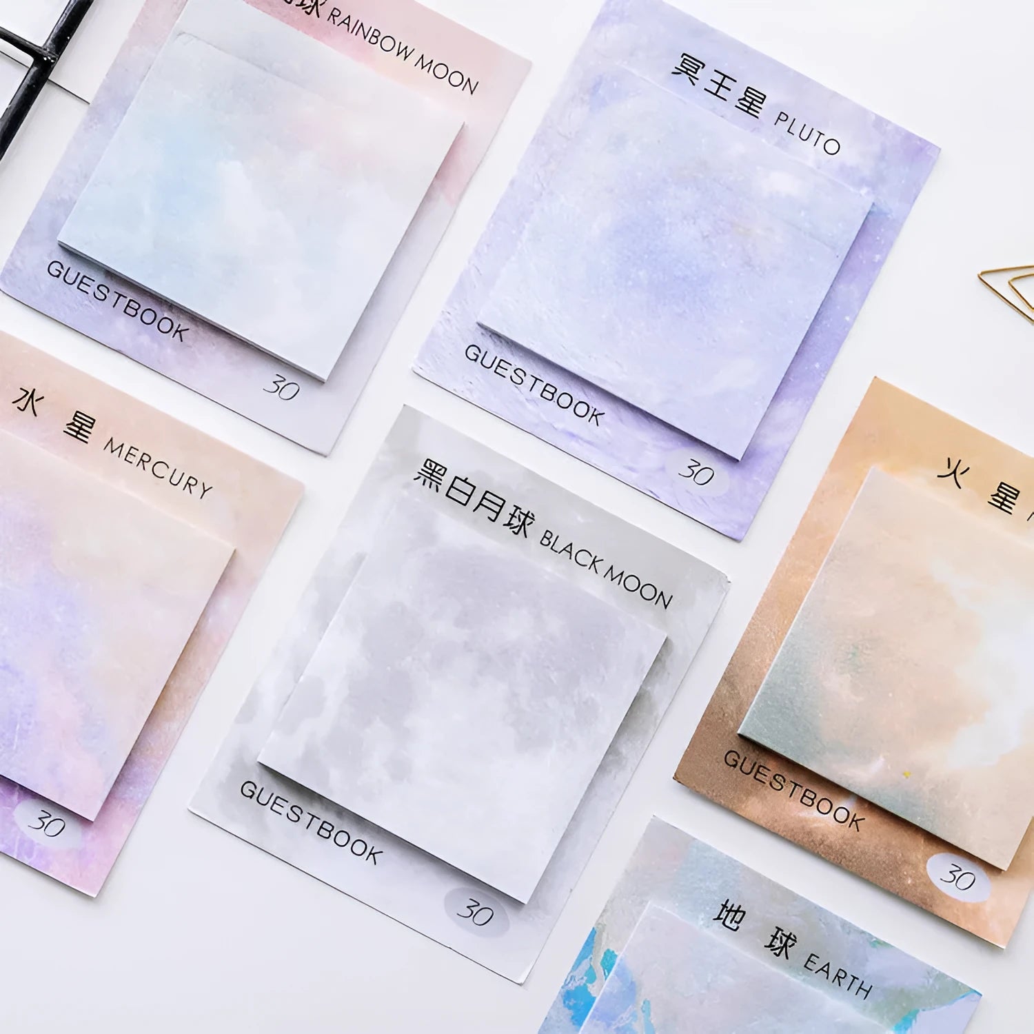Square planet artwork sticky notes notepad showing 7.3cm dimensions and oil painting celestial designs