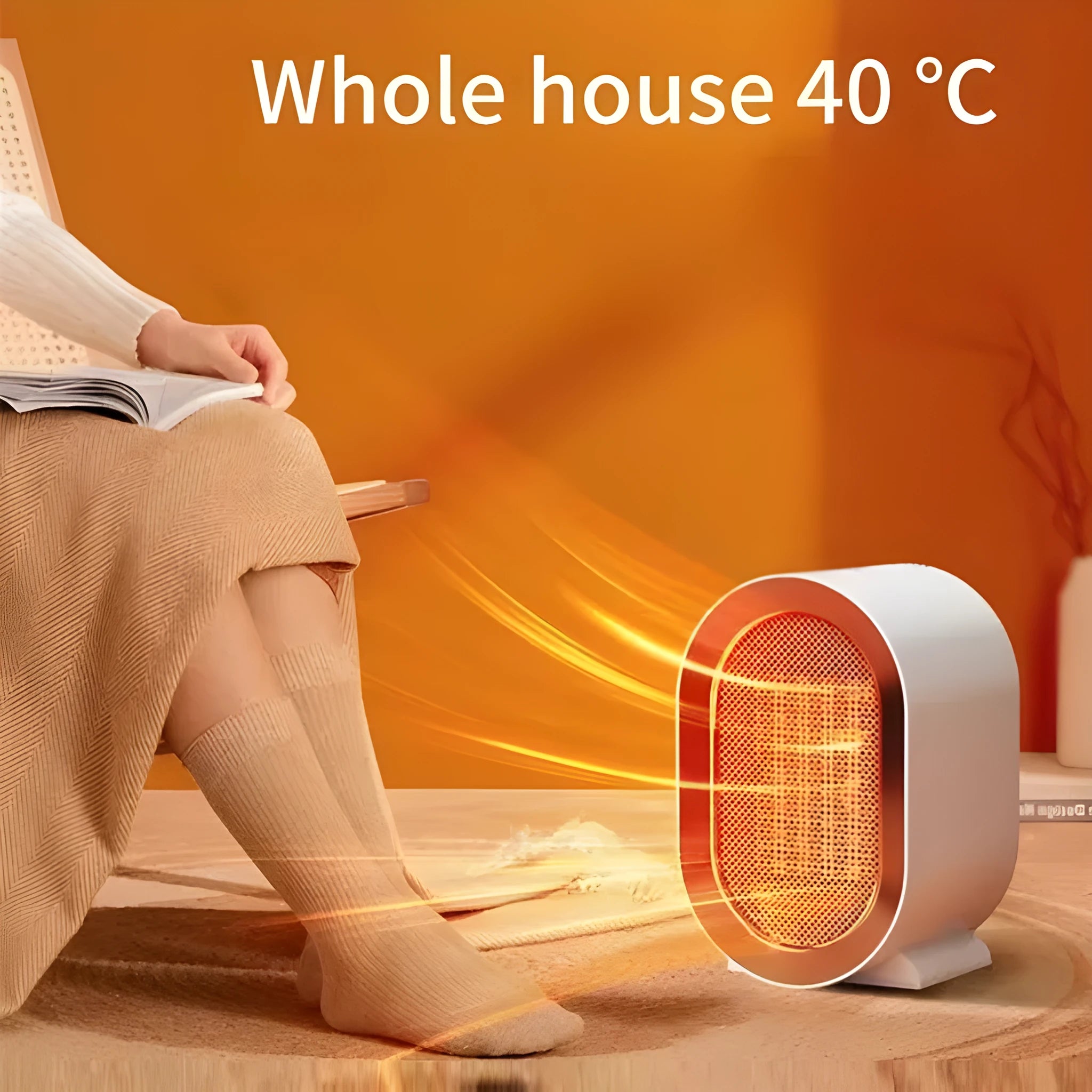 Compact black desktop ceramic fan heater with mechanical control dials and a choice of international power plugs.