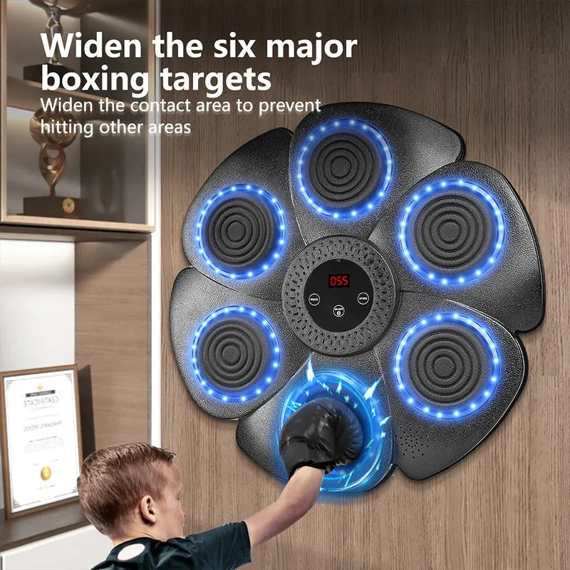 Black plastic smart boxing wall target with Bluetooth and lights, plus half-finger boxing gloves.