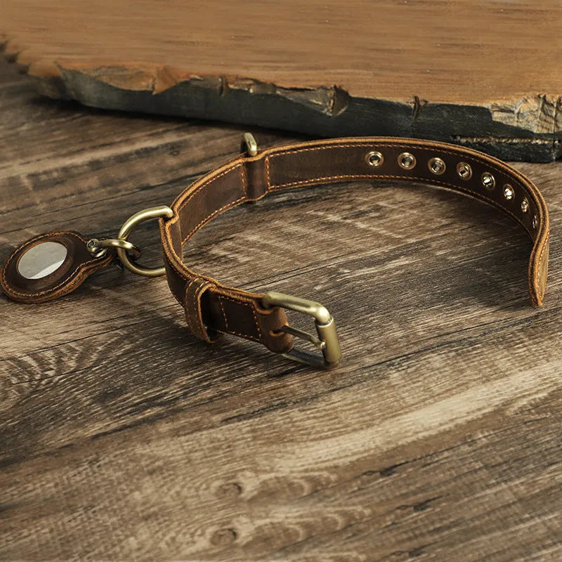 Brown handmade double-sided cowhide dog collar with retro styling for positioning and anti-lost tracking