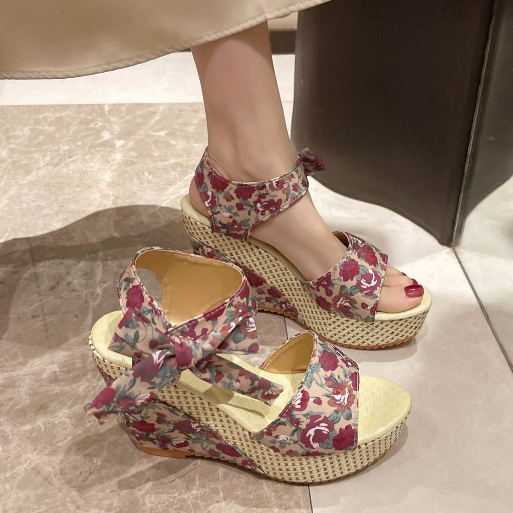 Women's floral print wedge sandals with ankle strap buckle and peep toe