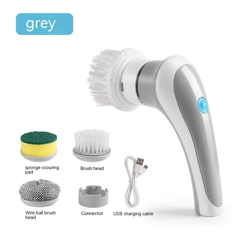 White cordless electric cleaning brush with four brush heads for shower tile and floor cleaning