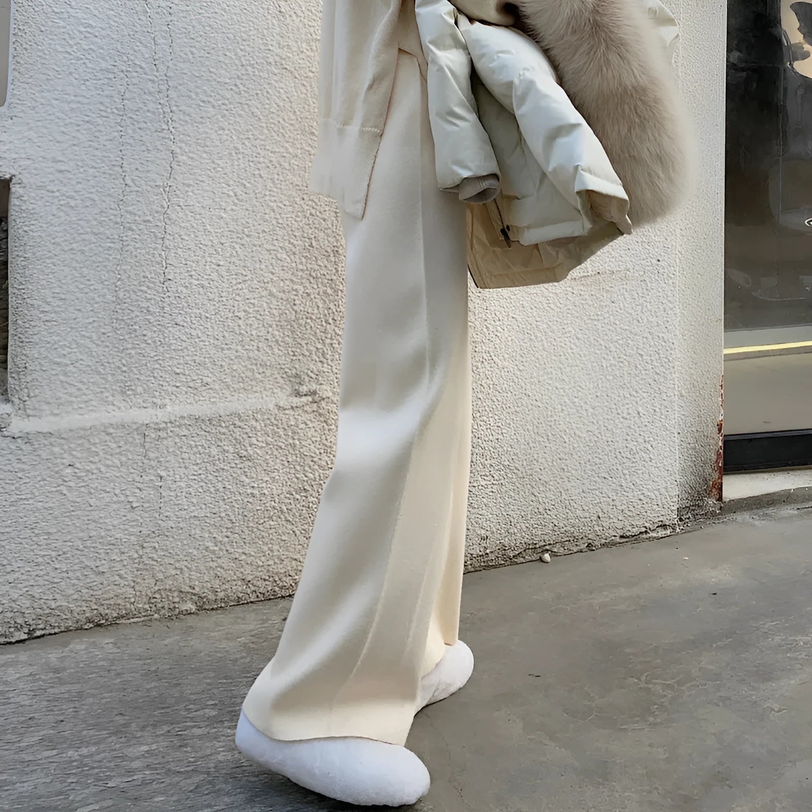 Women's high waist knitted wide-leg trousers in cream white with straight-leg cut