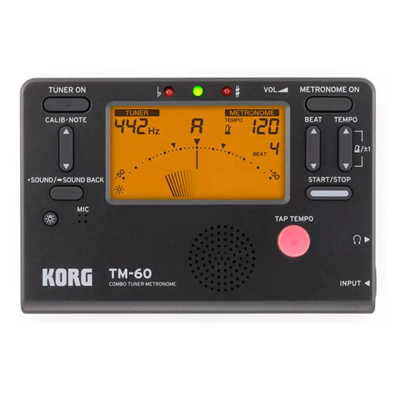 TM-60 universal metronome tuner with plastic shell, tempo display, and control buttons for musical timing practice