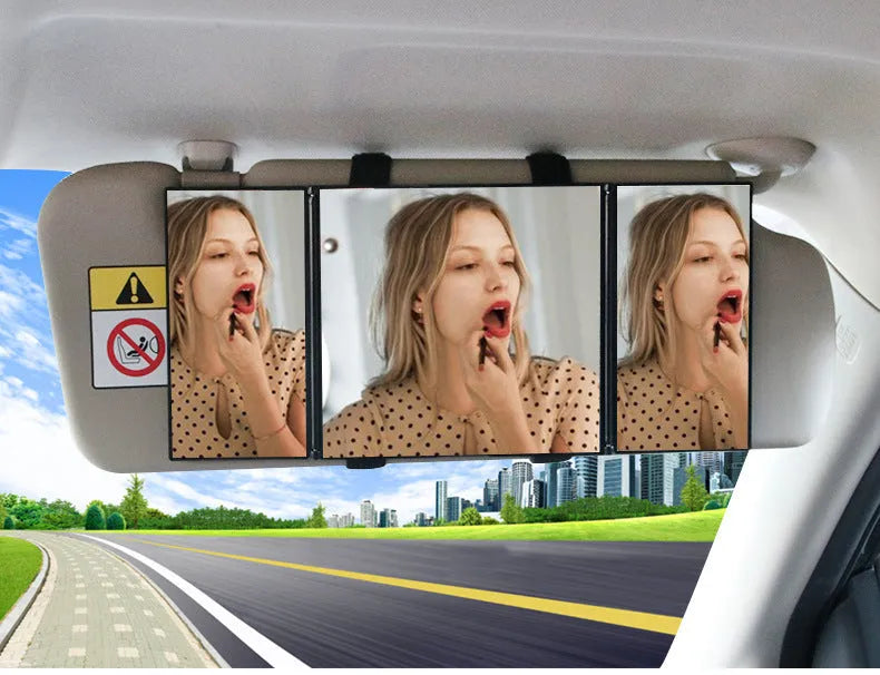 Silver car folding makeup mirror shown both closed and opened positions