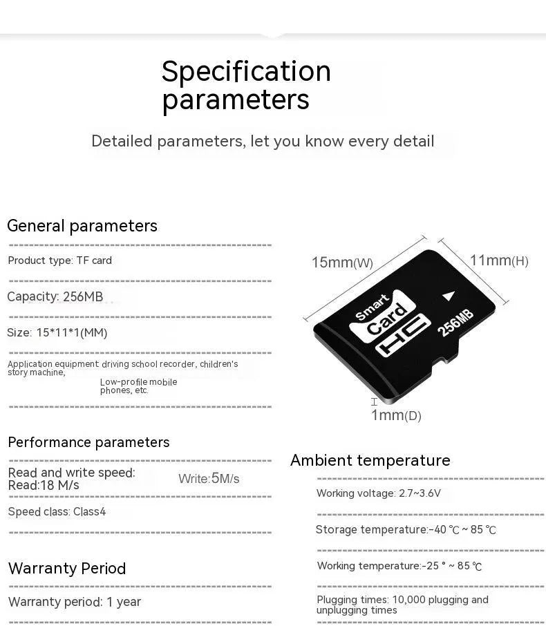 A single 256MB TF series memory card on a white background, showing its compact size.