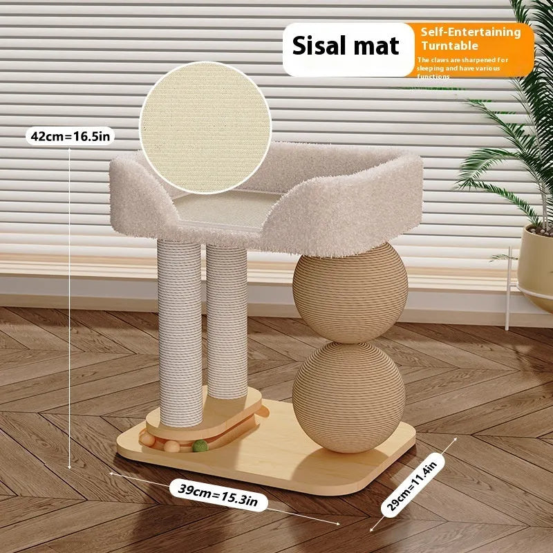 Simple pine wood cat nest with a sisal rope scratching ball attached.