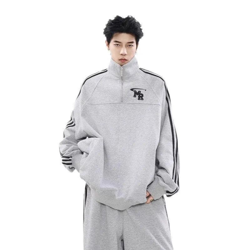 Black Hong Kong style polyester sweatshirt with stand collar design for sports and casual wear