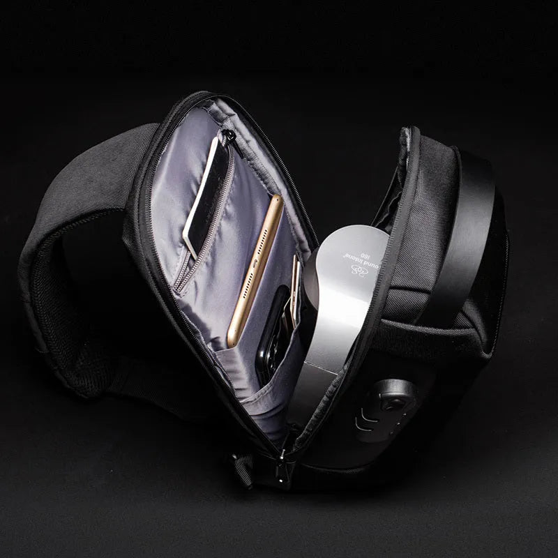 Men's anti-theft chest bag in Oxford cloth with combination lock and USB charging port, medium size, black colour