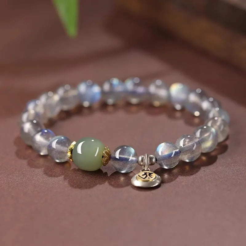 Moonstone birth Buddha beads bracelet with Thousand-Hand Kwan-yin mouse design and moonlight crystals