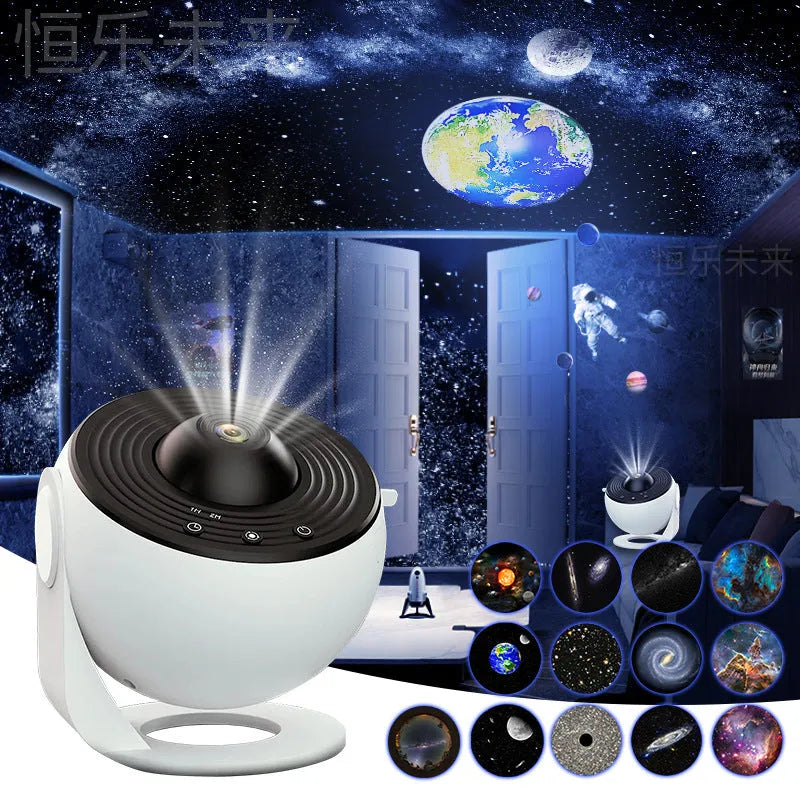 Black and white galaxy projector night light with 360-degree rotation, showing a starry sky film projection on a ceiling