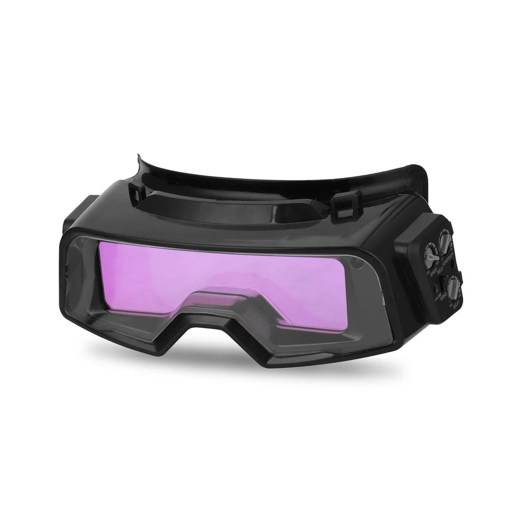 Black automatic darkening welding mask glasses with a large rectangular LCD viewing lens.