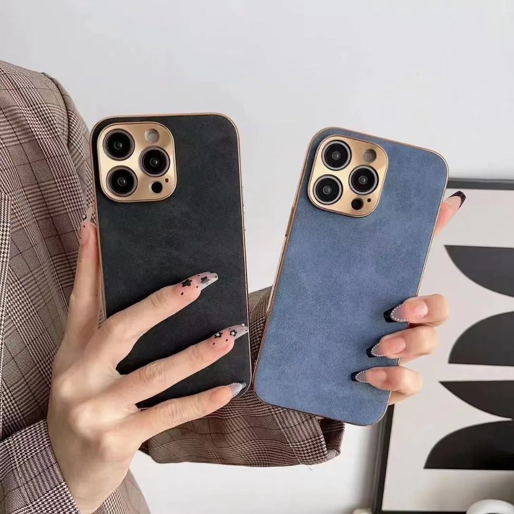 Leather texture TPU phone case for iPhone in grey, black, grey-green, and blue colour options.