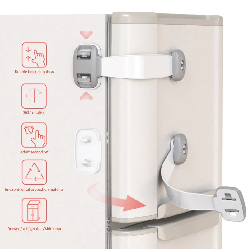 Grey and green adjustable strap child safety locks for cabinets and drawers with adhesive backing.