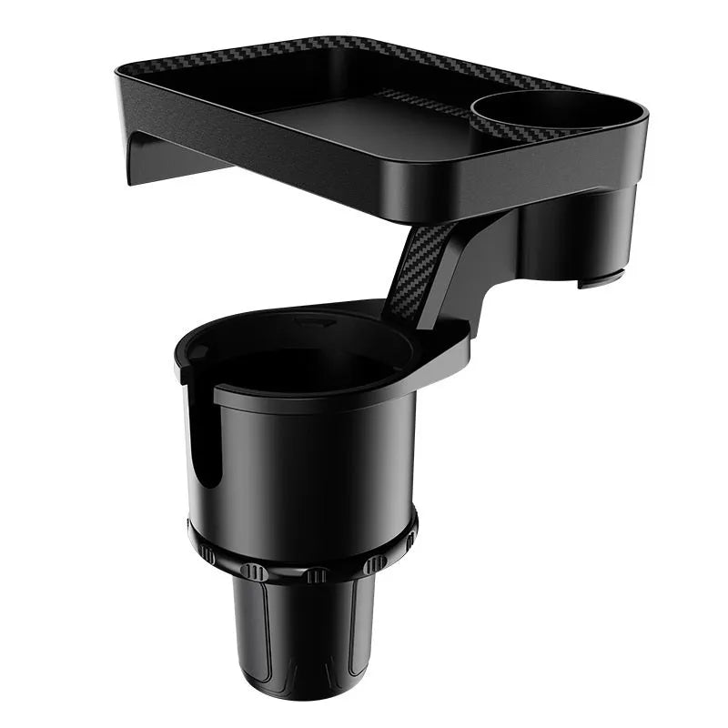 Black ABS plastic car-mounted dinner tray holder rotating in a vehicle cup holder.
