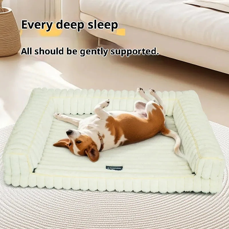 Kennel stripe dehaired angora removable pet bed with corduroy cushion in white for dogs, available in 75x50, 100x75, 120x75 cm sizes