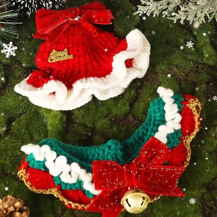 Christmas-themed wool scarf for pets on a dog, showing festive pattern options like snowflake Santa and gingerbread man.