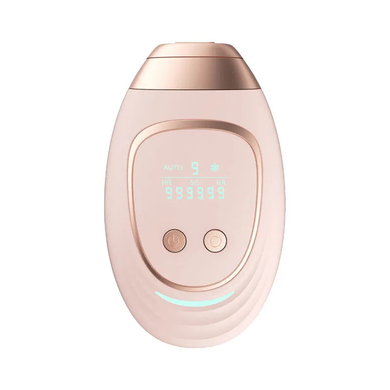 Three-in-one ice-sensing laser hair removal device in pink and white colours with shaver accessory