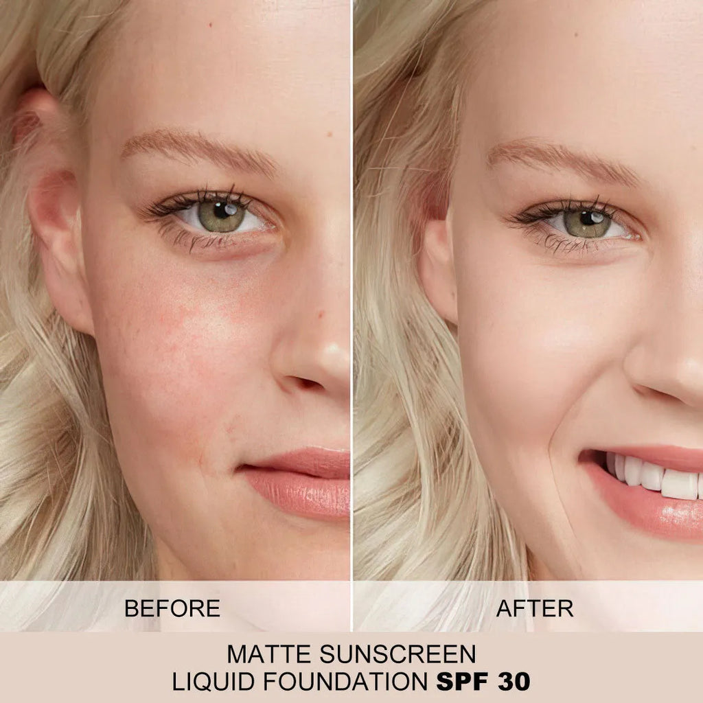 Matte sunscreen liquid foundation SPF 30 bottle with six colour shade options