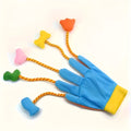 Yellow and blue plush cat toy glove with integrated bells and trailer attachment