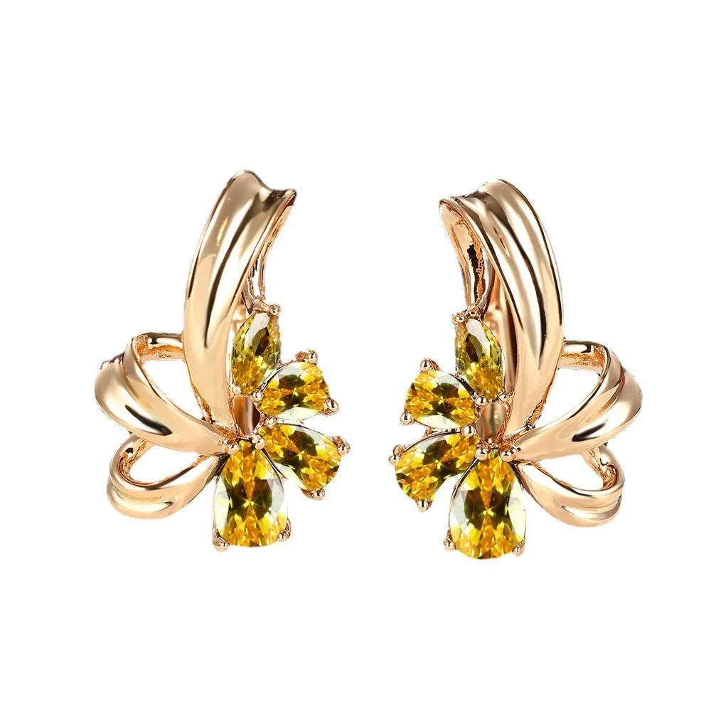Champagne gold flower earrings with AB colourful crystal on copper, round shape studs for women
