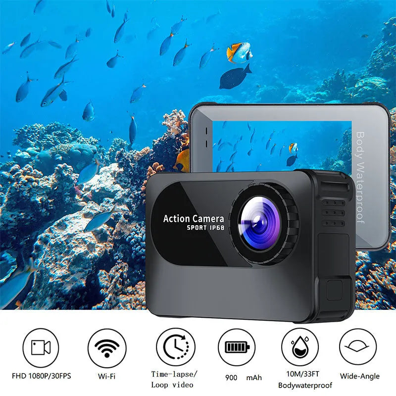 Black outdoor sports action camera with wide-angle lens showing 170° marking and touchscreen.