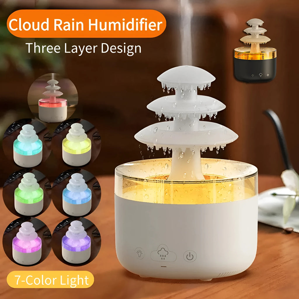White cloud-shaped ultrasonic humidifier and essential oil diffuser with colourful LED light on base.