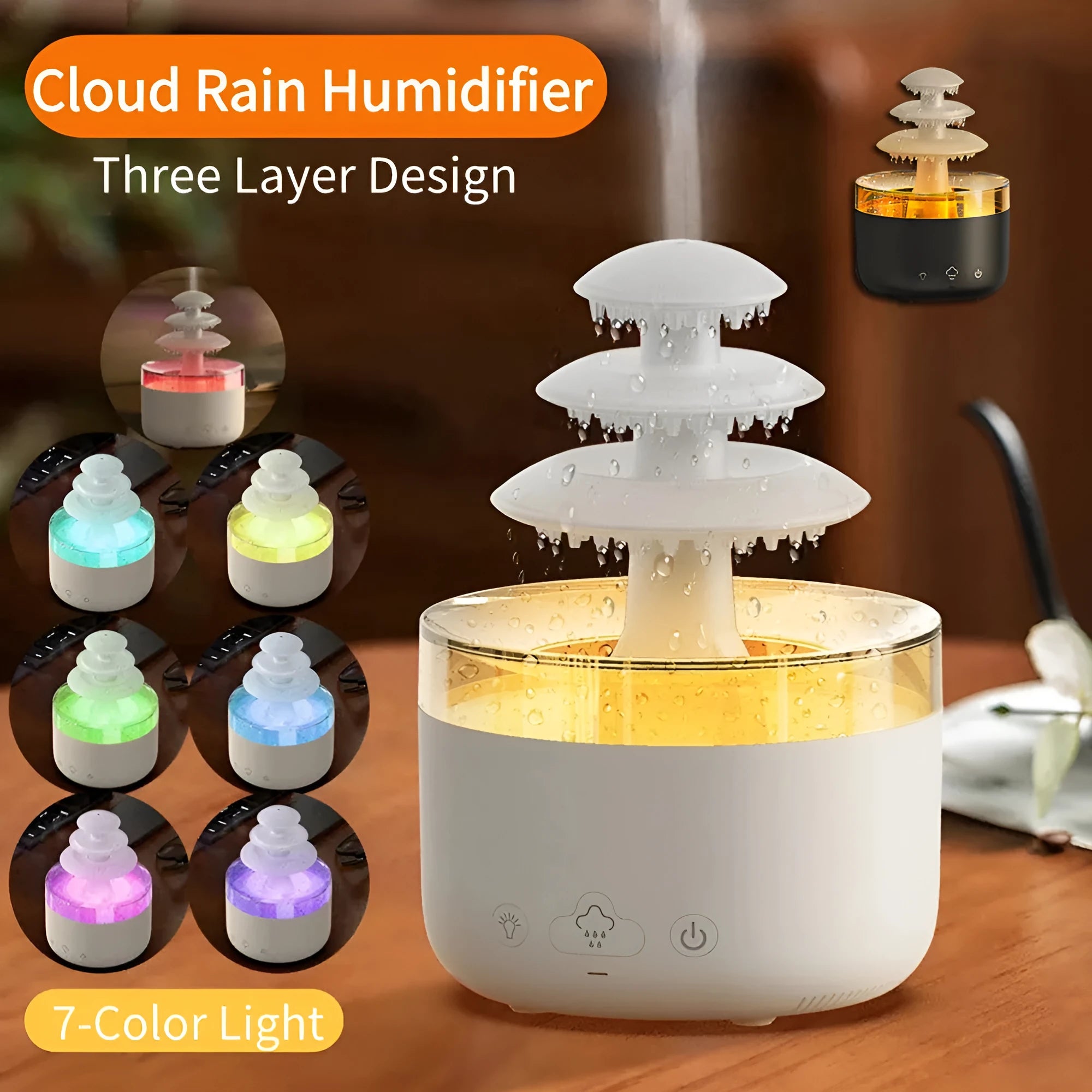 White cloud-shaped ultrasonic humidifier and essential oil diffuser with colourful LED light on base.