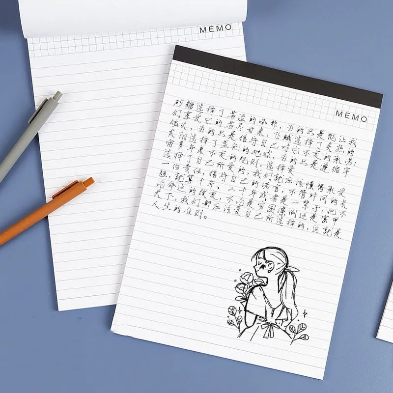 A4 notebook with grid-lined pages and tearable adhesive binding for meeting minutes