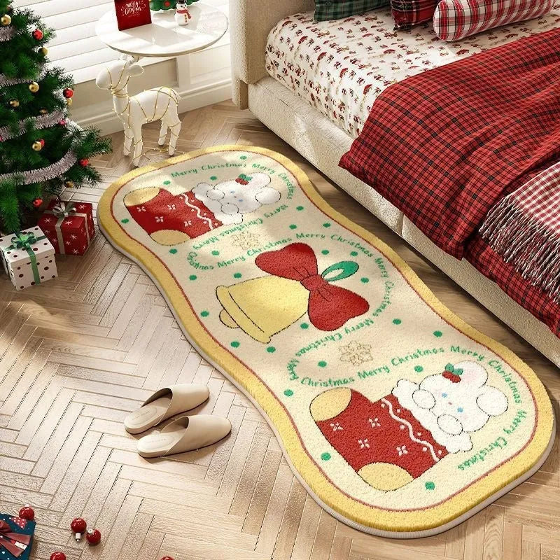 Alien-shaped imitation cashmere Christmas carpet with festive patterns on a wooden floor.
