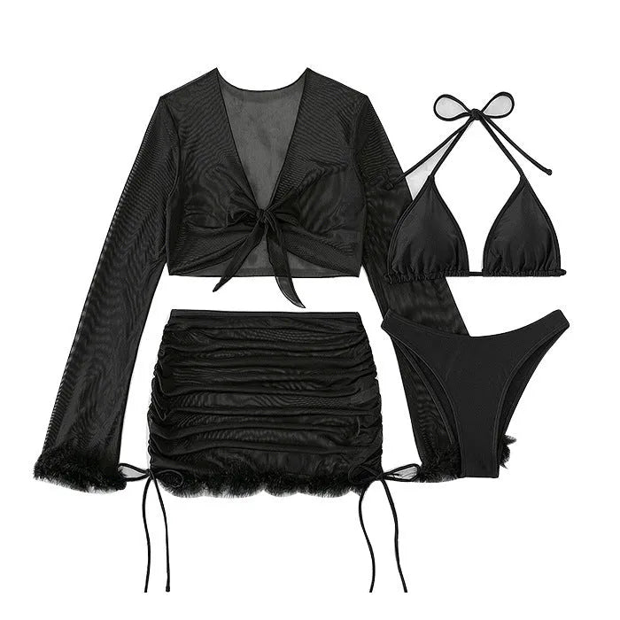 Black long-sleeve women's bikini top and briefs set for swimming sports.