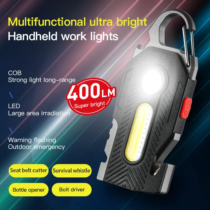 Multifunctional charging emergency light with COB high brightness, mountaineering buckle, and bottle opener on a keychain