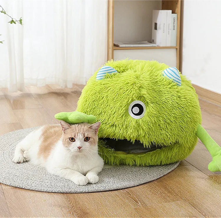 Round fluffy cat bed with plush surface and non-slip bottom in three size options