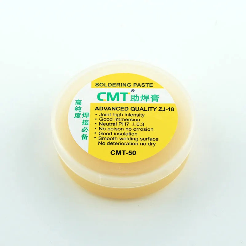 Two containers of rosin soldering flux paste for electric soldering irons: 50g and 85g formats