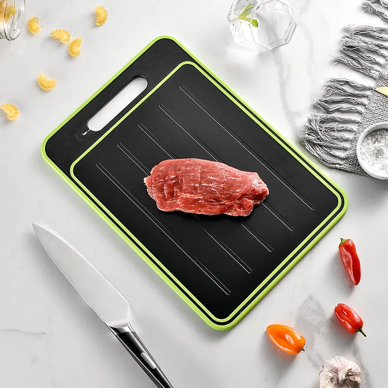 Grey square aluminium cutting board with integrated knife sharpener and grinding teeth
