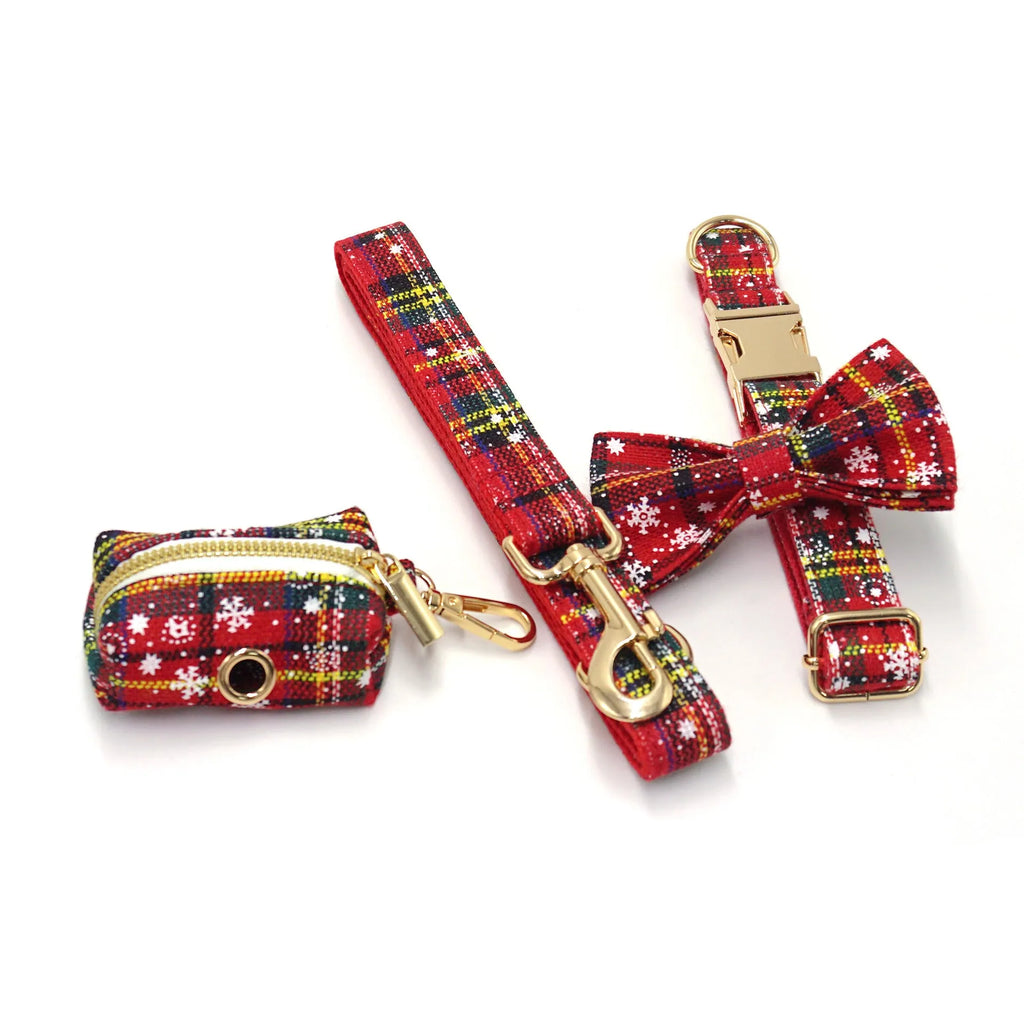 Red Christmas pet collar and harness set with matching leash, bow, and waste bag featuring laser-etched patterns