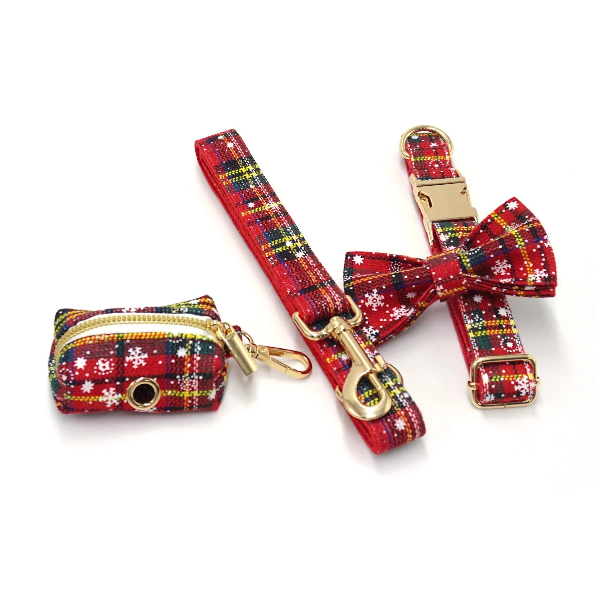 Red Christmas pet collar and harness set with matching leash, bow, and waste bag featuring laser-etched patterns