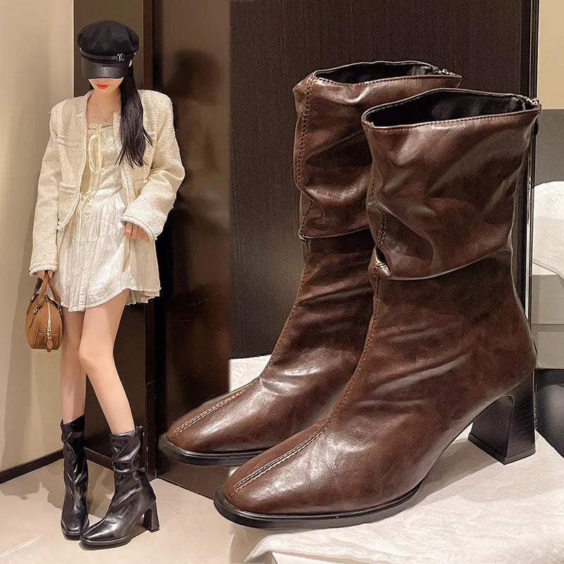 Large size women's wide width chunky heel ankle boots in black, square toe, back zipper, artificial PU upper